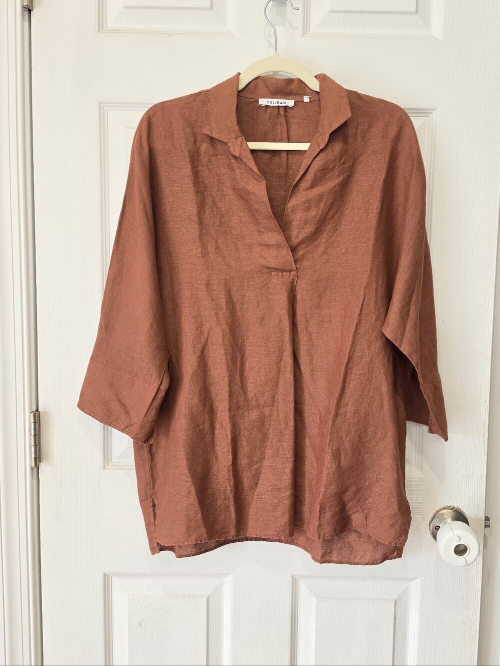 Caliban Italy 100% Linen Rust Terracotta V-Neck Pullover Blouse Shirt Size 42 L
